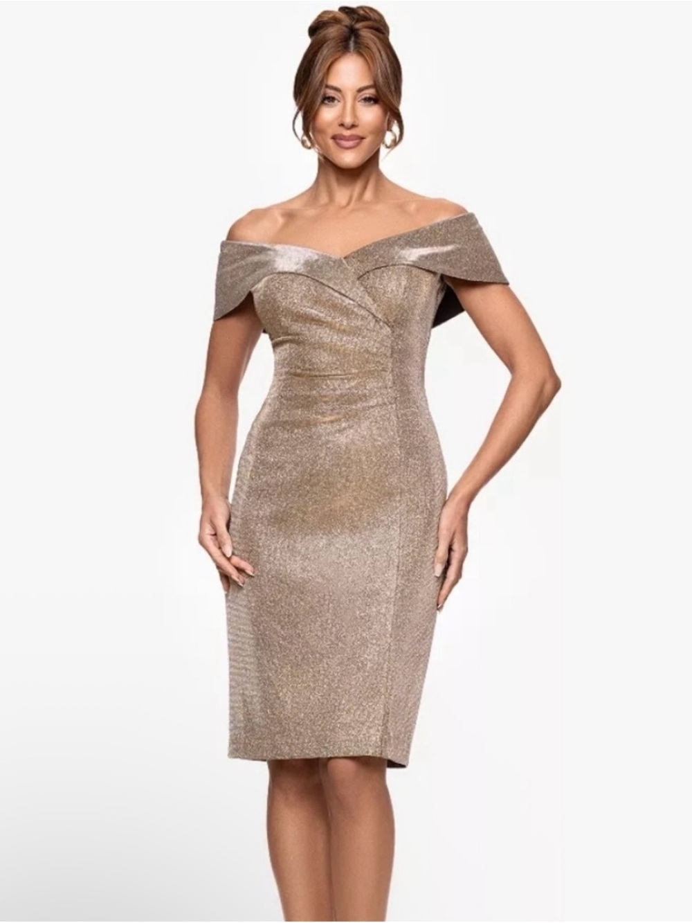 Xscape Off-Shoulder Metallic Gold Cocktail Dress